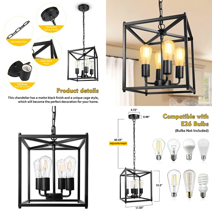 Solar Lantern Hanging - ثريا ريفية سوداء بـ 4 مصابيح،